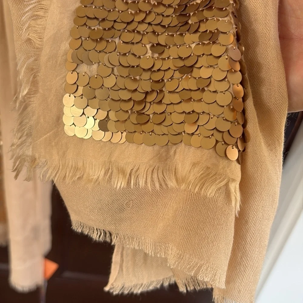 NWT Tory Burch Silk / Wool Sequined Shawl Scarf Gold Tan Retail $275.00